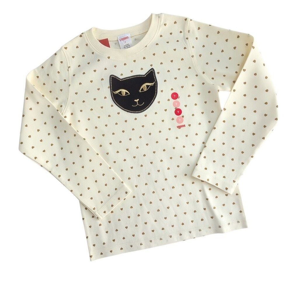 Vintage Gymboree Glamour Kitty Top Size 7 Cream Long Sleeve All Over Heart Print
